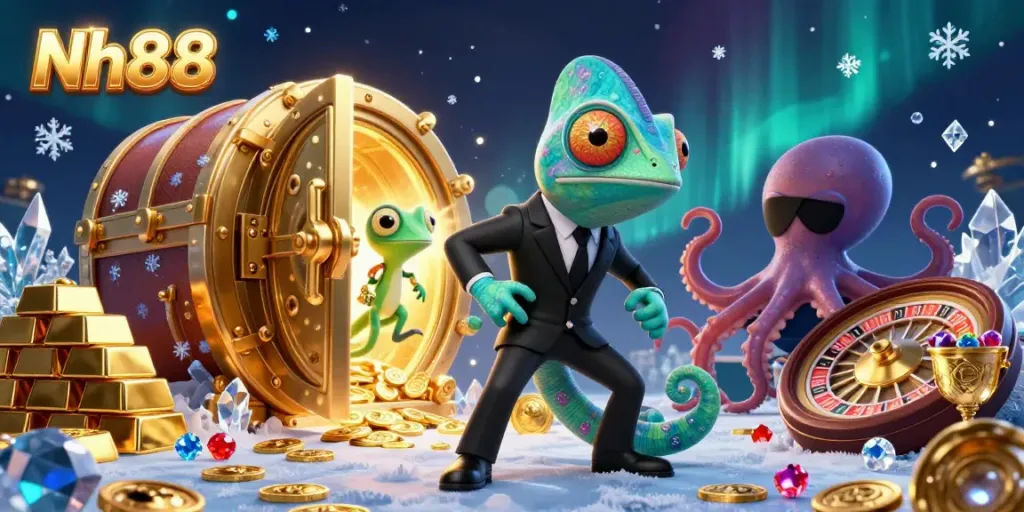 Win thrilling jackpots with Nh88’s vibrant casino illustration showcasing a colorful scene of games and treasures.