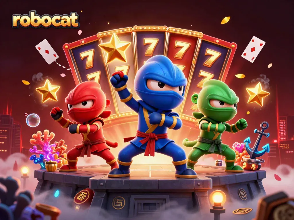 Engage with Robocat at the online casino by spinning vibrant slot reels amidst thrilling action.