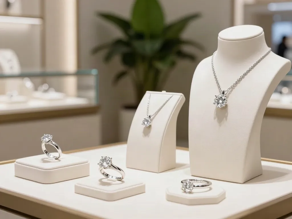 Exhibición de joyas con diamantes de laboratorio en un entorno elegante y moderno.