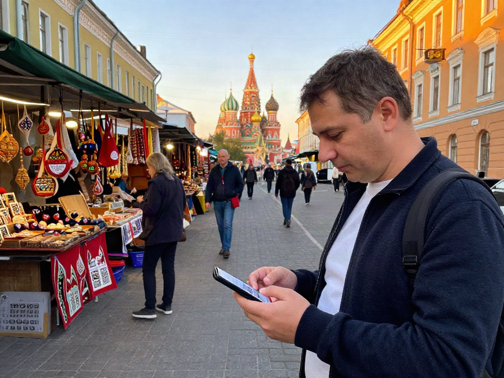 Turista utilizando https://payinrussia.com/ en un mercado local de Rusia para pagos digitales.