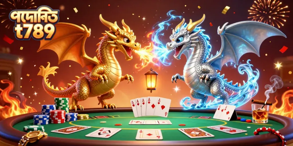 Engage in thrilling gameplay with পদোন্নতি t789 as twin dragons bring energy to a vibrant poker scene.