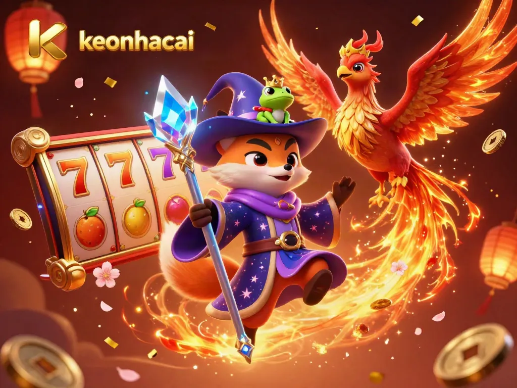 Engaging keonhacai scene depicting a wizard fox with a phoenix, surrounded by vibrant slot game elements.