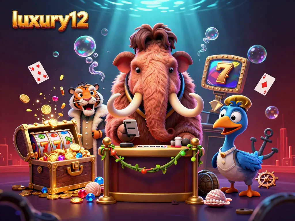 Experience the thrill at luxury12 with a vibrant casino scene featuring characters and dynamic slot elements.