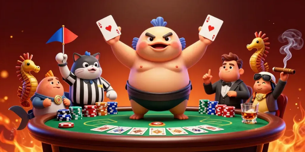 Experience thrilling gameplay in s8 with a 3D fugu in a casino scene surrounded by poker elements.