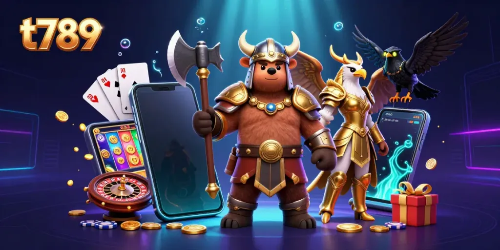 Experience high-stakes gaming with t789 featuring a Viking bear, Valkyrie eagle, and vibrant gaming elements.