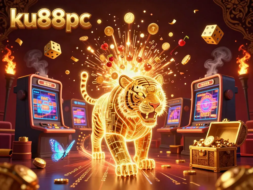 Experience the thrill of gaming with ku88pc in a dynamic digital casino scene filled with vibrant elements.