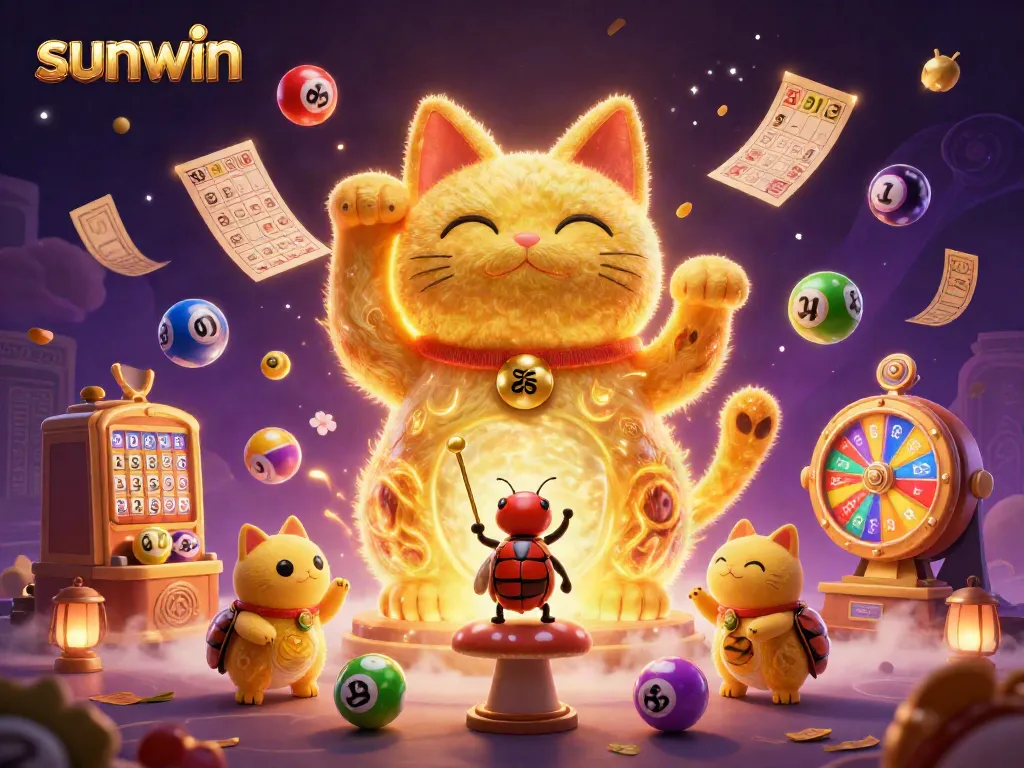 Experience the thrill of winning at Sunwin with golden fireflies and casino symbols in a vibrant 3D illustration.