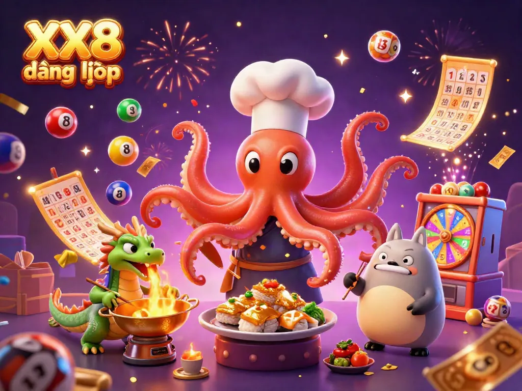 Experience the excitement of XX8 đăng nhập with colorful elements, games, and vibrant characters in a dynamic casino scene.