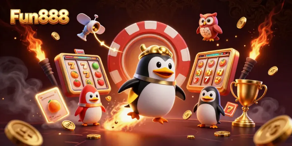 Experience Fun888 with a dynamic scene of a penguin and casino elements in a vibrant, colorful universe.