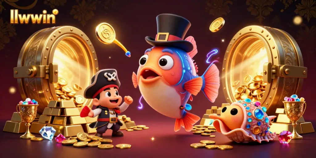llwwin captivates players with an engaging 3D underwater casino scene featuring vibrant characters and dazzling treasures.