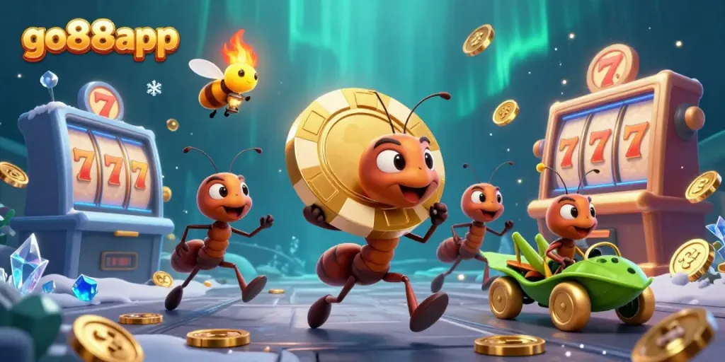 Experience fun and excitement at go88app as ants carry a giant poker chip in a vibrant casino atmosphere.