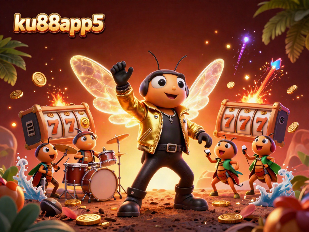 Spin the reels with ku88app5 as a cartoon cicada rock star dazzles in a vibrant casino scene.