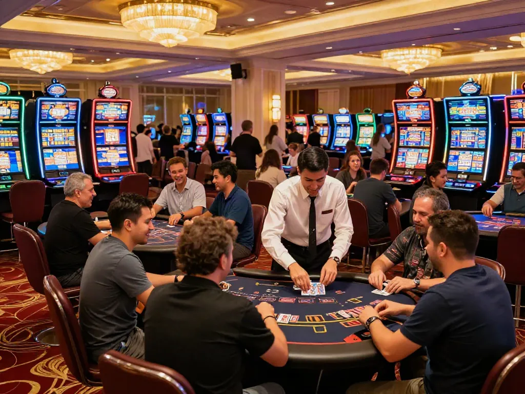 Exciting scene of players at 78win casino enjoying table games and slot machines.
