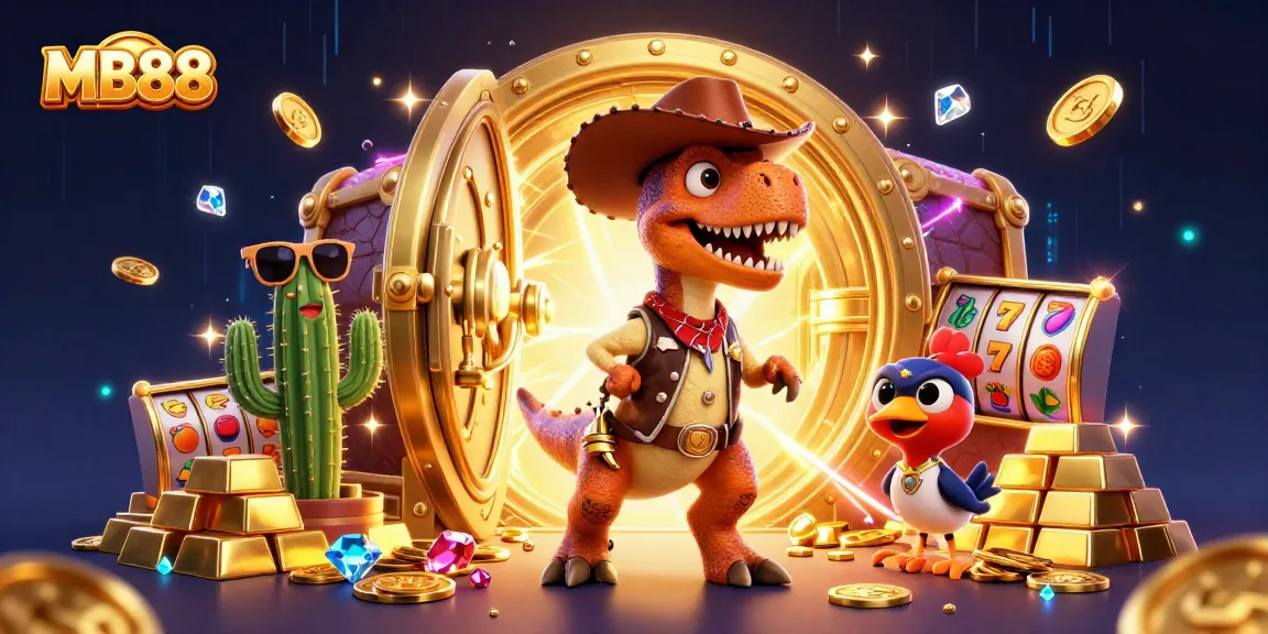 MB88 slots jackpot illustration featuring a cartoon T-Rex, cactus, and roadrunner amid casino treasures.