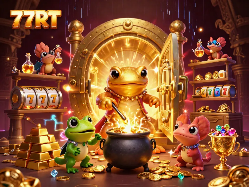 Experience winning thrills with 77RT, featuring vibrant 3D elements of exciting slots and gold treasures.
