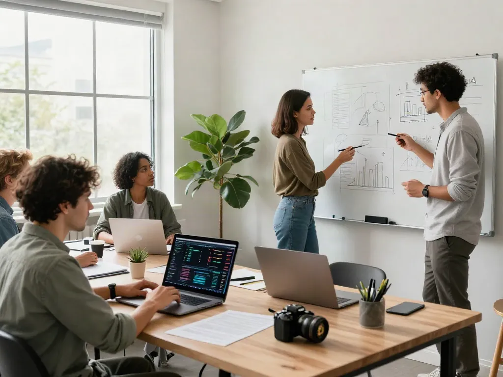 Interacción en equipo en Phuwerte Inwersowia, donde emprendedores analizan inversiones en criptomonedas y comparten ideas.