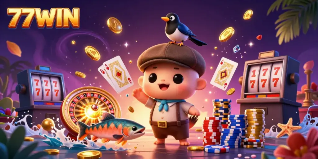 Experience the excitement of 77WIN casino with dynamic characters and vibrant game elements.
