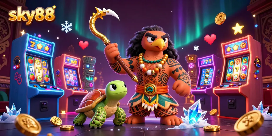 Spin the reels and play fun games at sky88 casino with vibrant slot machines and a playful backdrop.