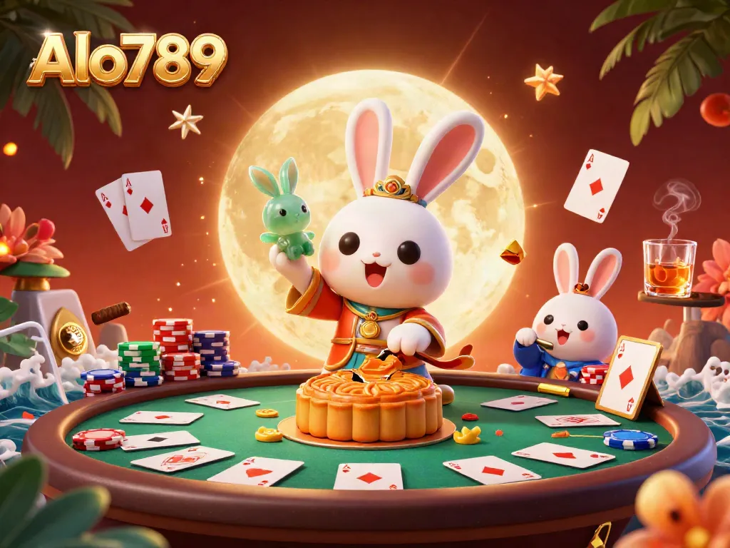 Alo789 features a vibrant moon rabbit illustration revealing poker chips, set on a dynamic casino scene.