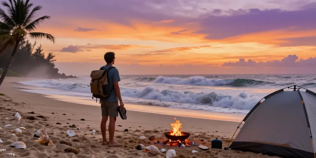 Traveler enjoying a scenic beach sunset experience with rokok88 adventure gear.