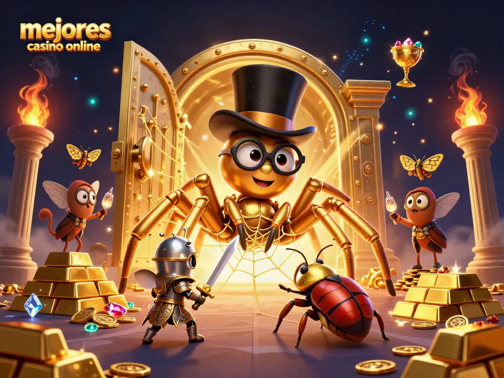 Comparando los mejores casinos online con una araña dorada y un caballero valiente en 3D.