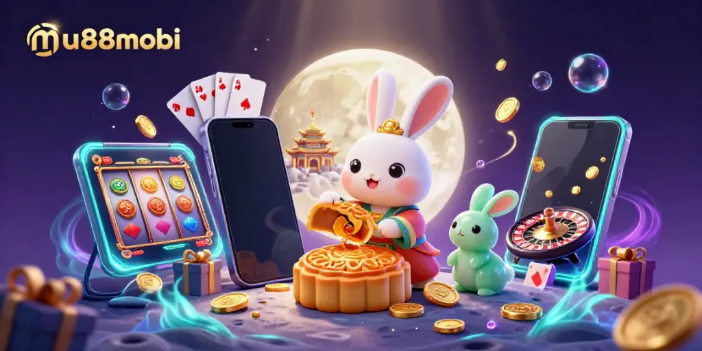 Experience excitement with mu88mobi as the moon rabbit reveals poker chips from mooncakes, surrounded by vibrant gaming elements.